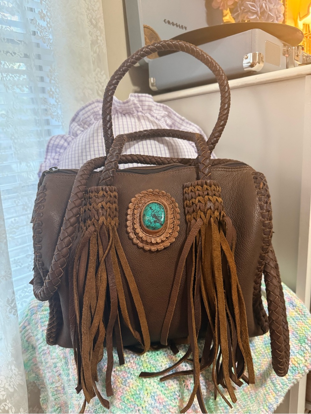 American Darling Brown Crossbody Satchel with Turquoise Accent
